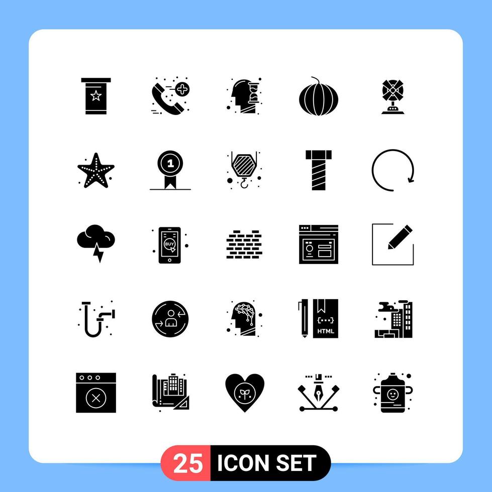 grupo de símbolos de ícone universal de 25 glifos sólidos modernos de elementos de design de vetores editáveis de melancia de fã de mente em casa de praia