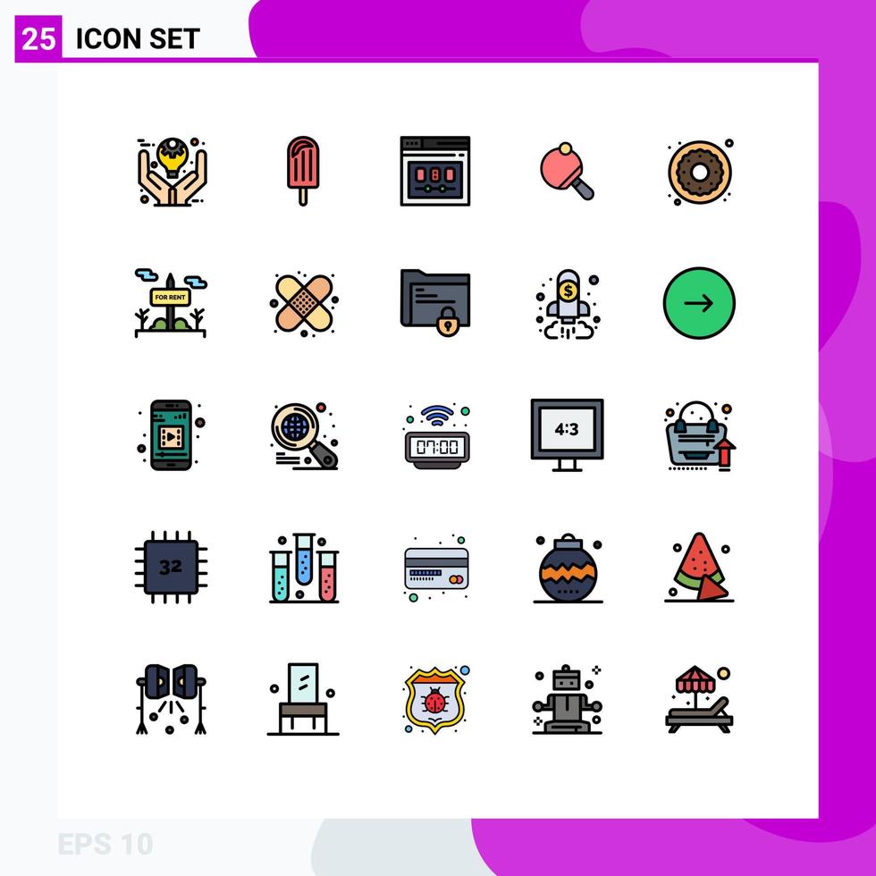 25 cores planas de linha preenchida universal definidas para aplicações web e móveis raquete de tênis ice pong elementos de design de vetores editáveis na web