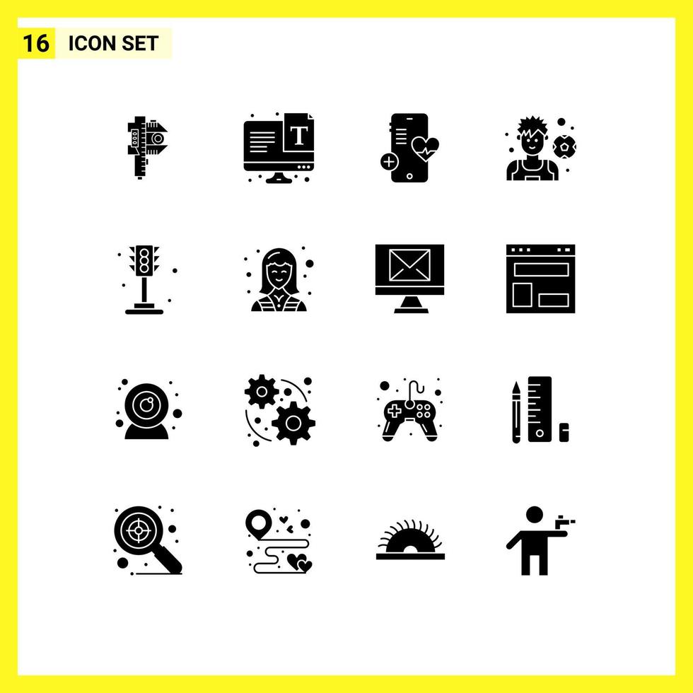 16 interface do usuário pacote de glifos sólidos de sinais modernos e símbolos da vida jogador fonte de futebol coração editável elementos de design vetorial vetor