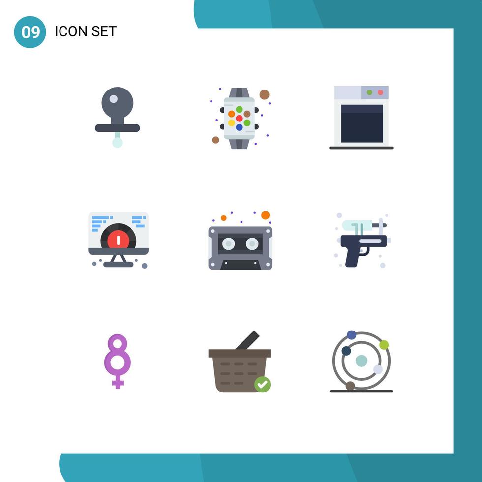 pacote de 9 sinais e símbolos modernos de cores planas para mídia impressa na web, como tecnologia de fita cassete de áudio site de áudio editável elementos de design vetorial vetor
