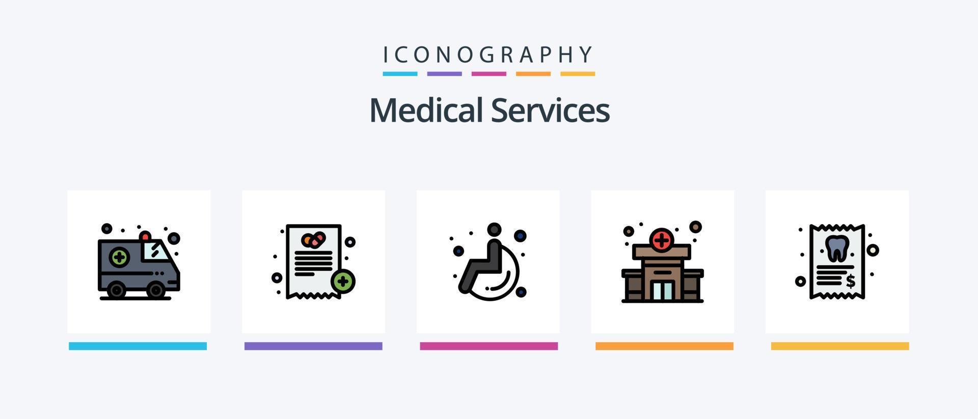 a linha de serviços médicos preencheu o pacote de 5 ícones, incluindo . medicamento. curativo. médico. saúde. design de ícones criativos vetor