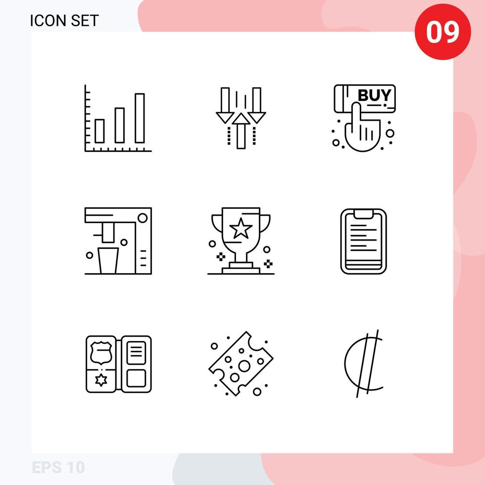 conjunto de esboço de interface móvel de 9 pictogramas de venda de comida de prêmio fast food cafeteira elementos de design de vetores editáveis