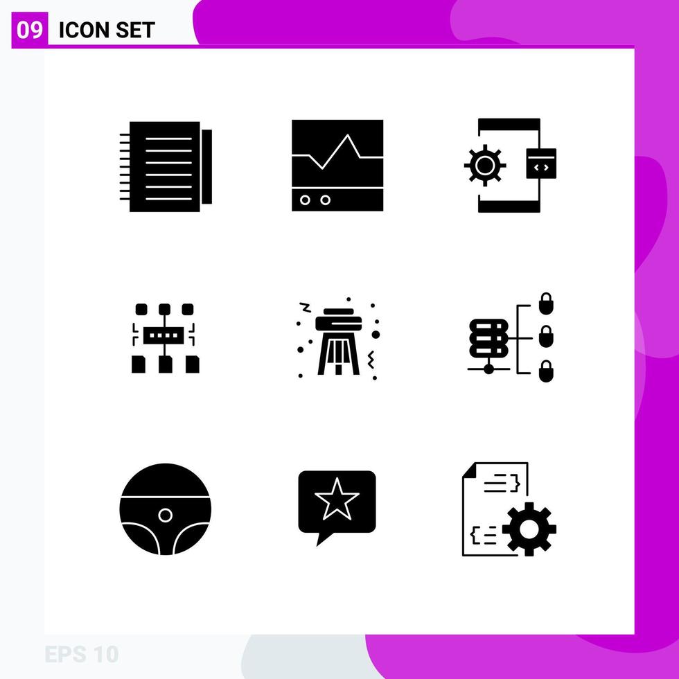 conjunto de 9 sinais de símbolos de ícones de interface do usuário modernos para desenvolvimento de algoritmo de escopo de programa de documento elementos de design de vetores editáveis