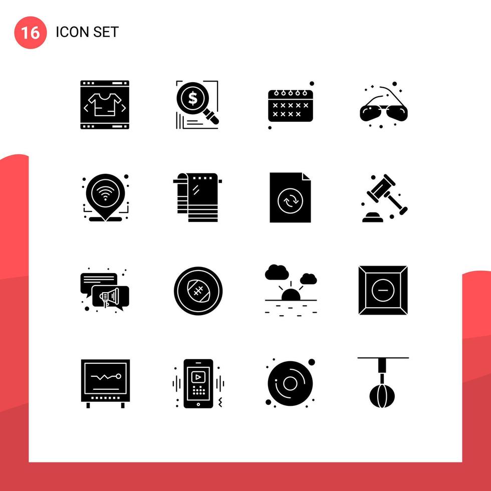 pacote de interface do usuário de 16 glifos sólidos básicos de gps solução geek óculos de exibição elementos de design de vetores editáveis