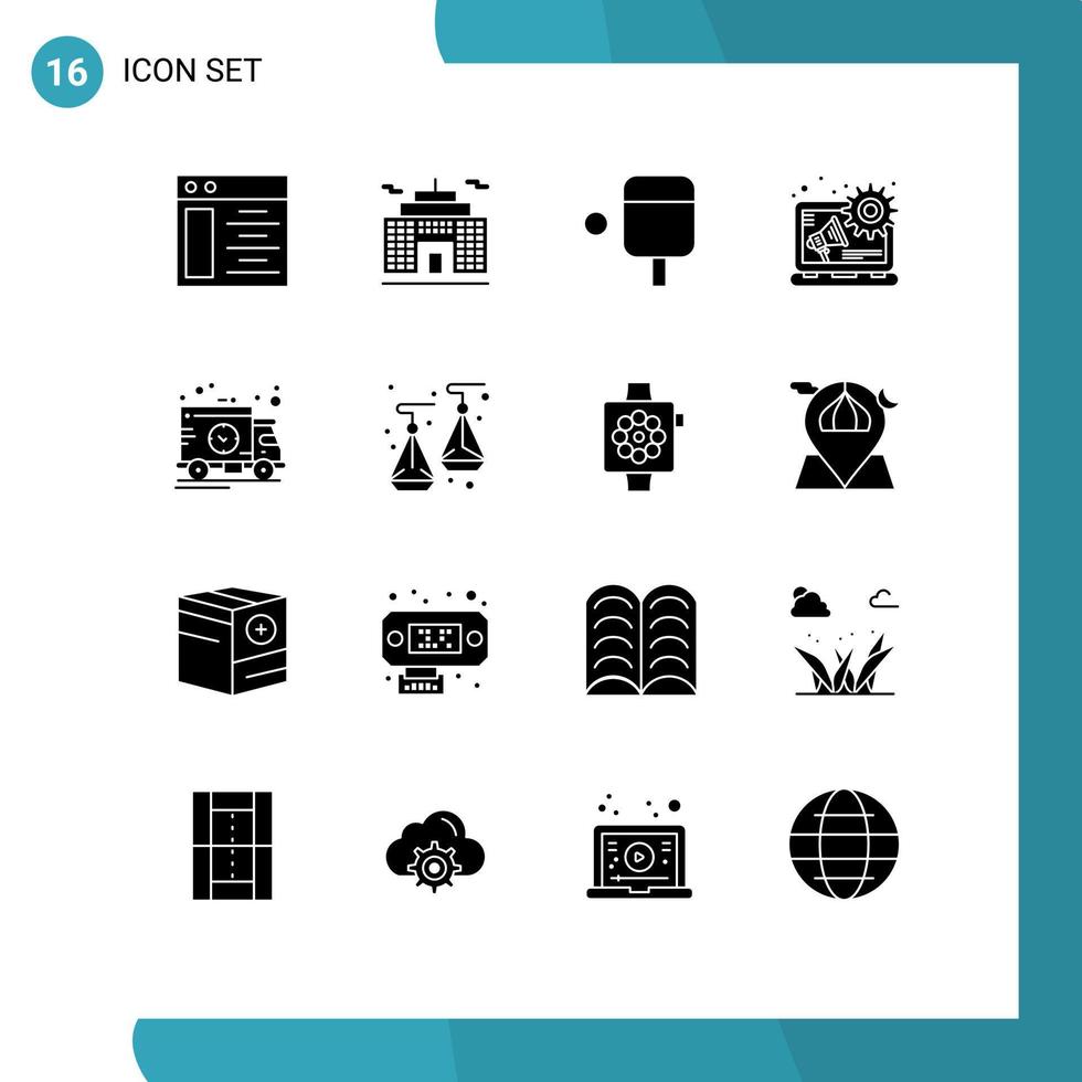 pacote de interface do usuário com 16 glifos sólidos básicos de brincos de joias, tempo de caminhão de publicidade, elementos de design vetorial editáveis vetor