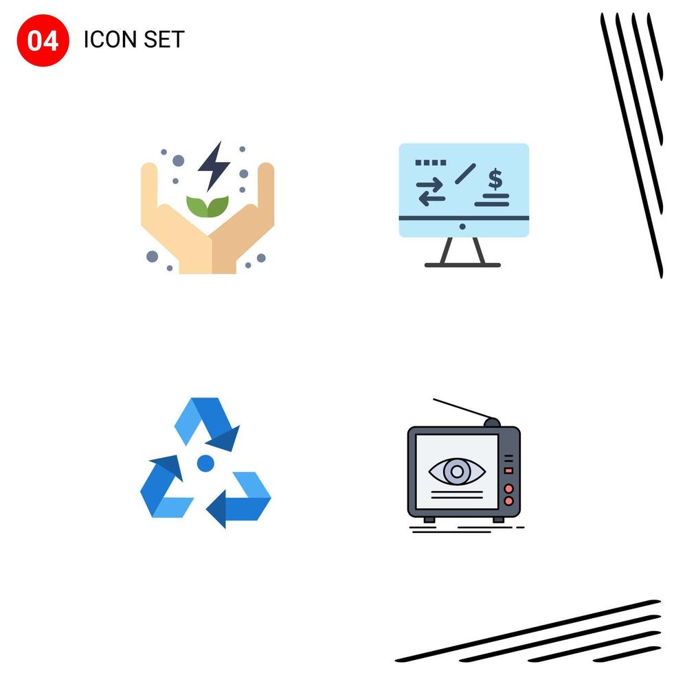 conjunto de 4 pacotes de ícones planos comerciais para eletricidade, ecologia, renda, lixo, lixo, elementos de design de vetores editáveis