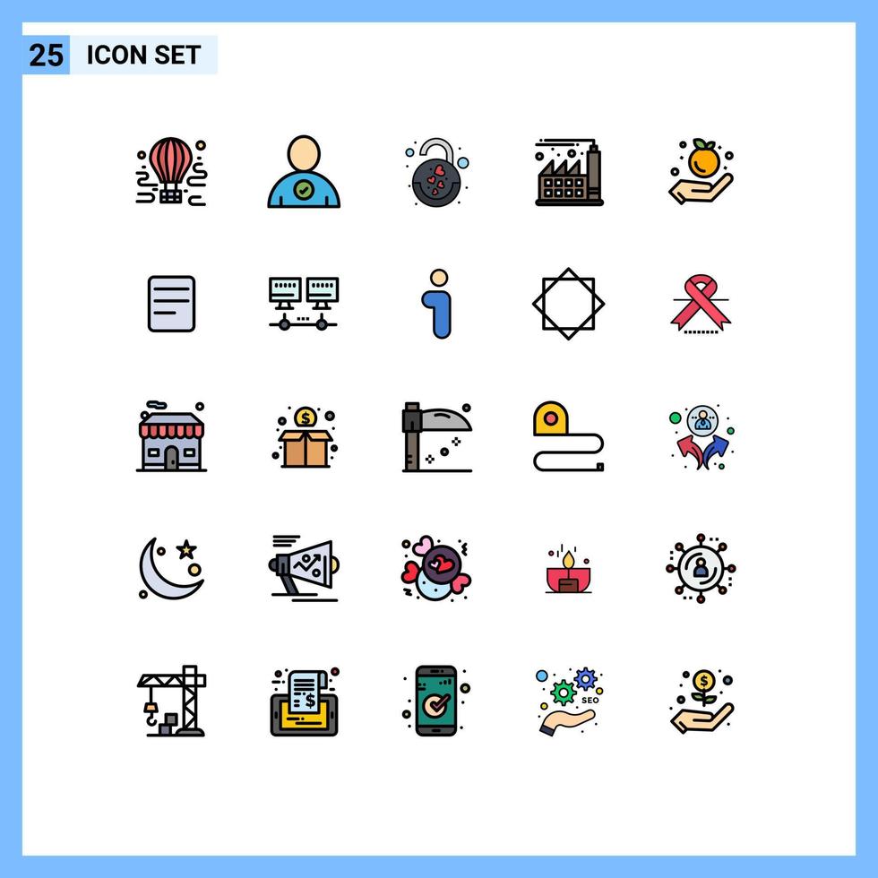 pacote de cores planas de linha cheia de 25 símbolos universais de elementos de design de vetor editável digital de economia de coração de agricultura de maçã