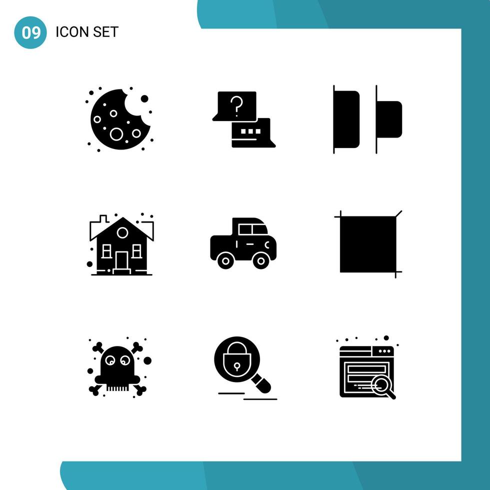conjunto moderno de 9 glifos e símbolos sólidos, como elementos de design de vetores editáveis de casa de propriedade horizontal de carro de coleta
