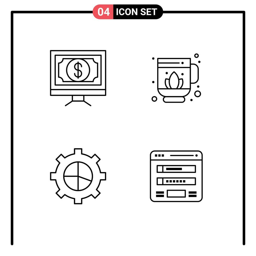 pacote de linha de 4 símbolos universais de finanças bancárias, dinheiro, sauna, fluxograma, elementos de design vetorial editáveis vetor
