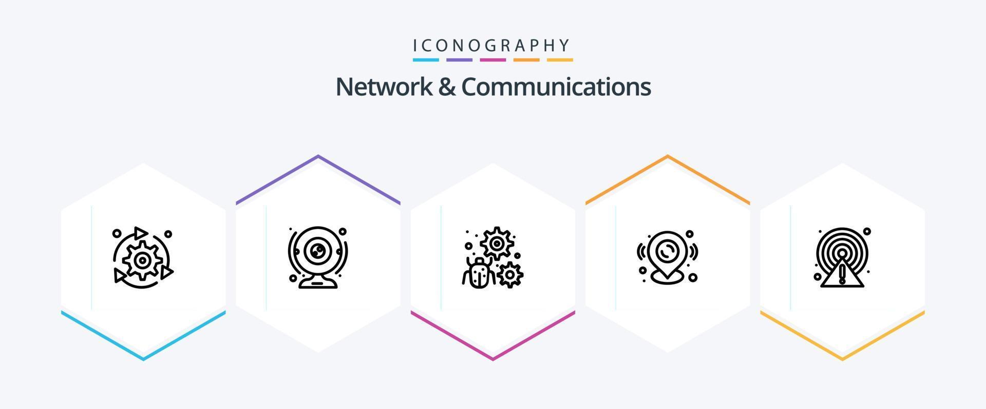 pacote de ícones de 25 linhas de rede e comunicações, incluindo localização. alfinete. computador. engrenagem. erro vetor