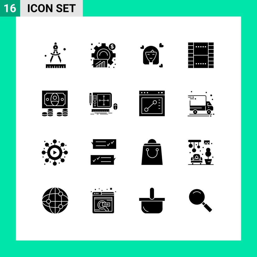 pacote de interface de usuário de 16 glifos sólidos básicos de elementos de design de vetores editáveis de mulheres essenciais de filme ux