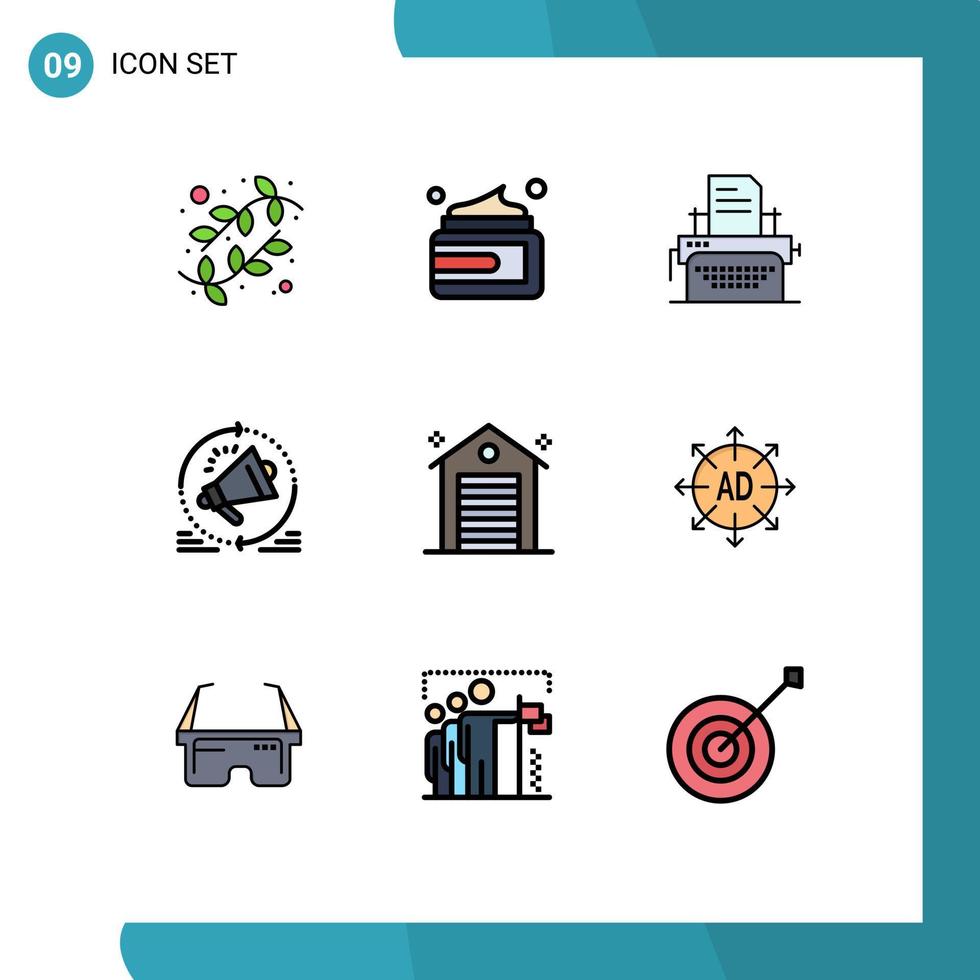 pacote de interface do usuário de 9 cores planas básicas de linhas preenchidas de anúncio de construção, impressora, megafone, publicidade, elementos de design de vetores editáveis