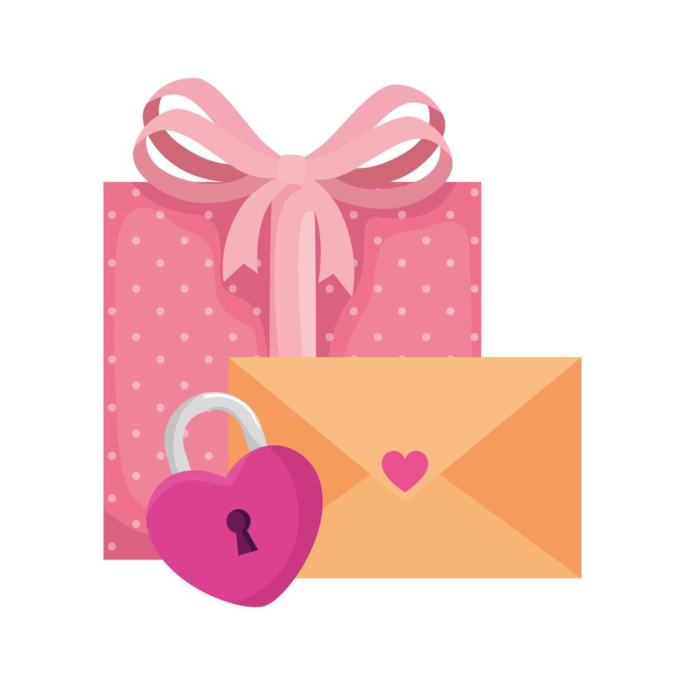 caixa de presente com envelope e cadeado em forma de coração vetor