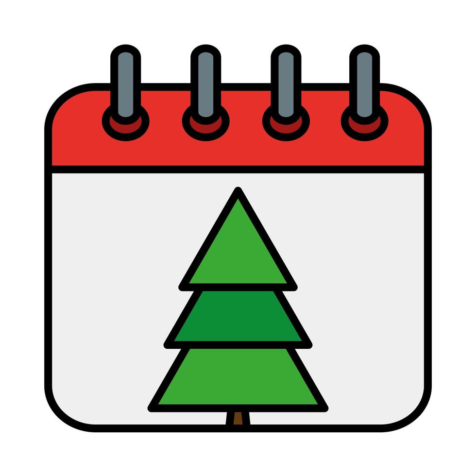 Feliz Natal Feliz Pinheiro em linha de calendário e ícone de estilo de preenchimento vetor