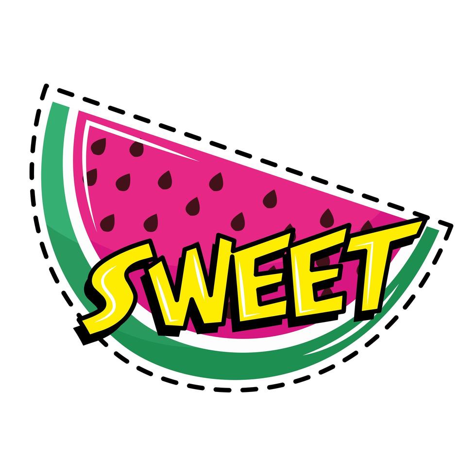 melancia com ícone de adesivo de palavra doce pop art vetor