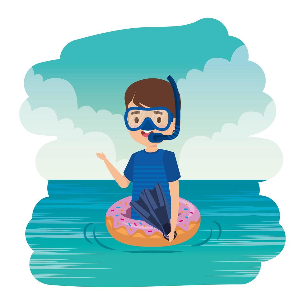 garotinho fofo com boia de donut e mergulho com snorkel no mar vetor