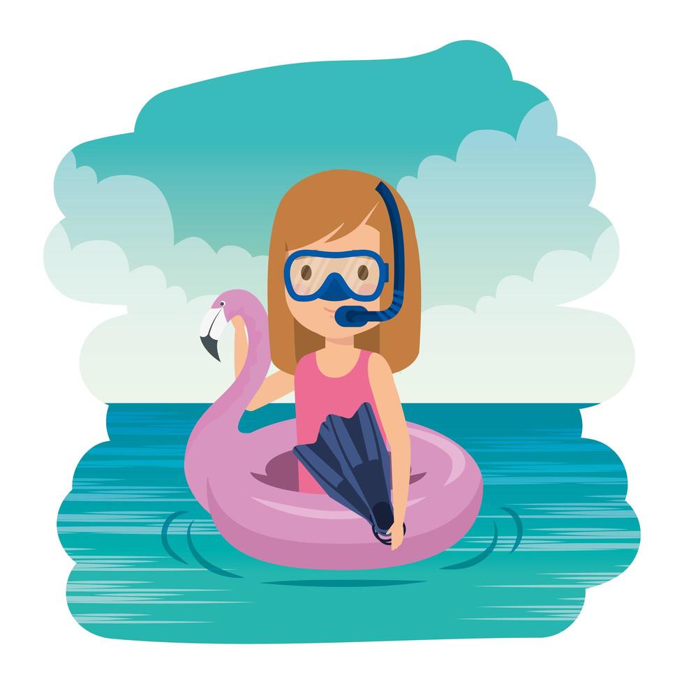 menina com flutuador flamengo e mergulho com snorkel no mar vetor