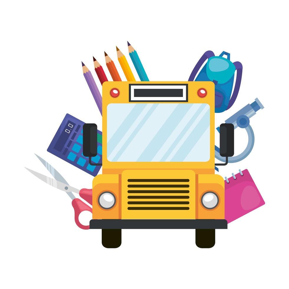 transporte de ônibus escolar com ícones de educação vetor