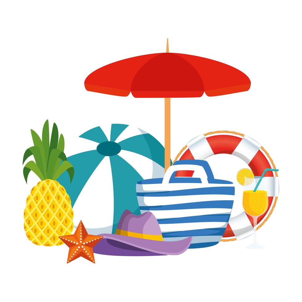 bolsa de praia com balão e ícones de verão vetor