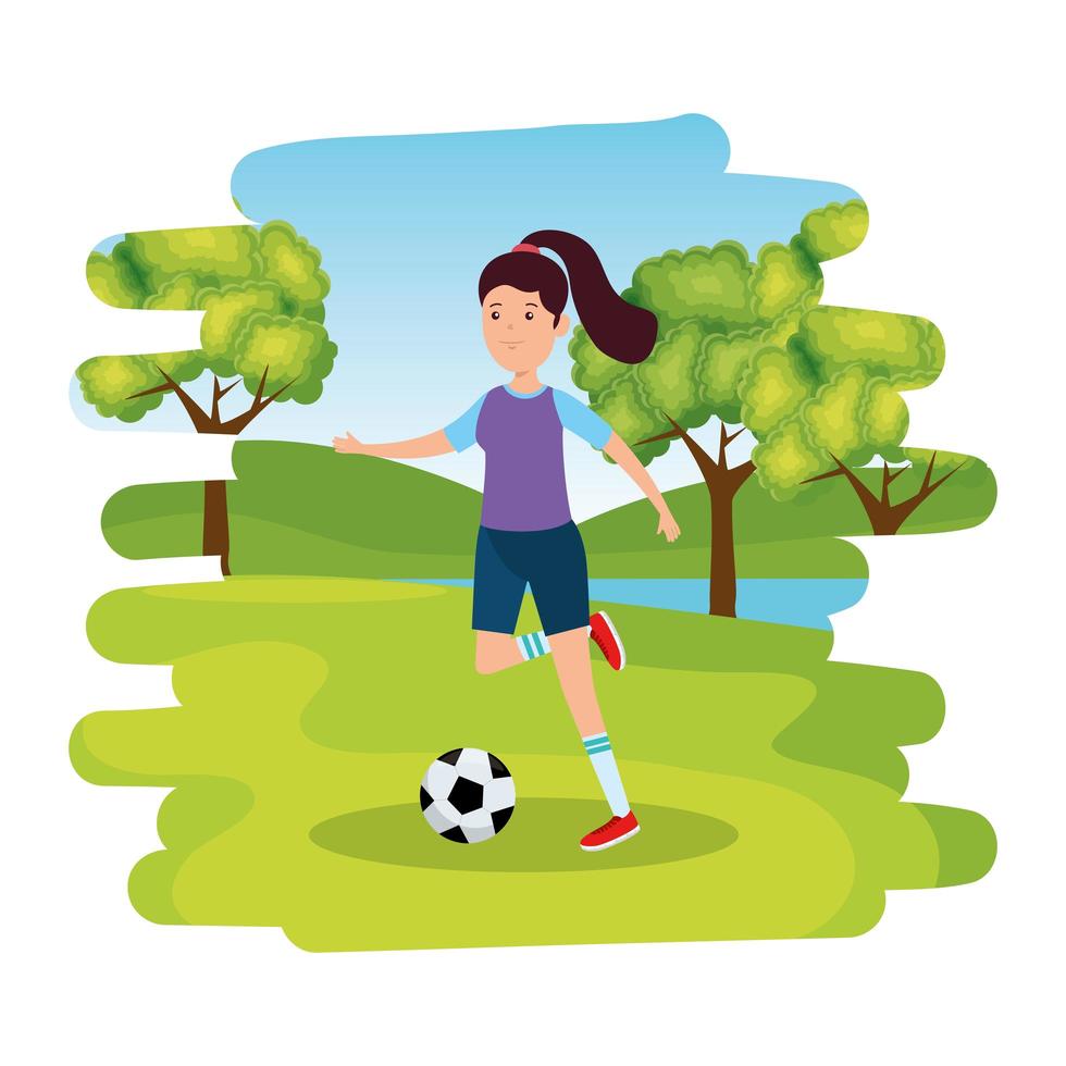 garota atlética feliz praticando futebol futebol no parque vetor