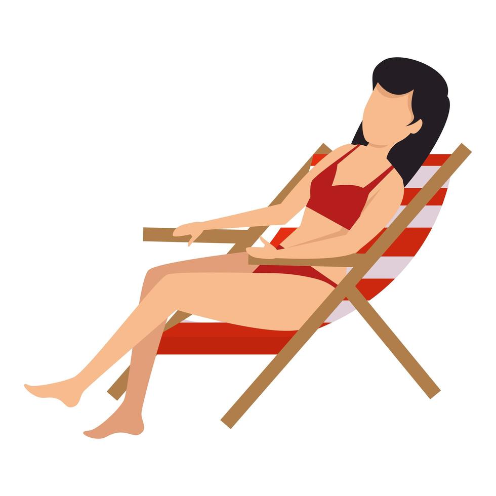 Mulher bonita com maiô sentada na cadeira de praia vetor