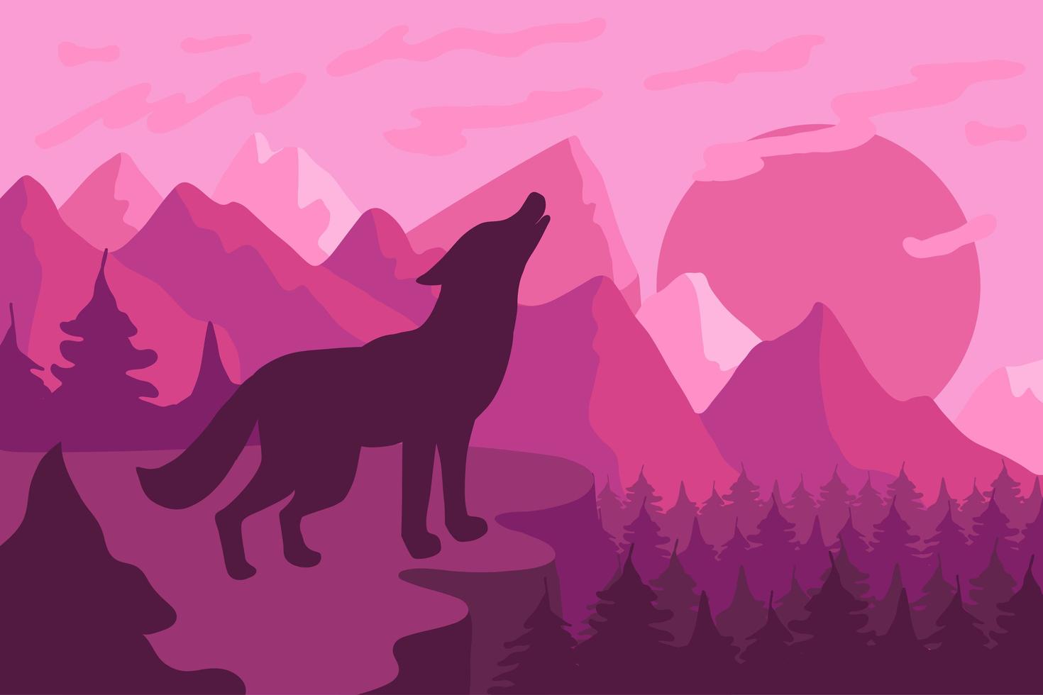 paisagem de floresta com ilustração vetorial plana de lobo vetor