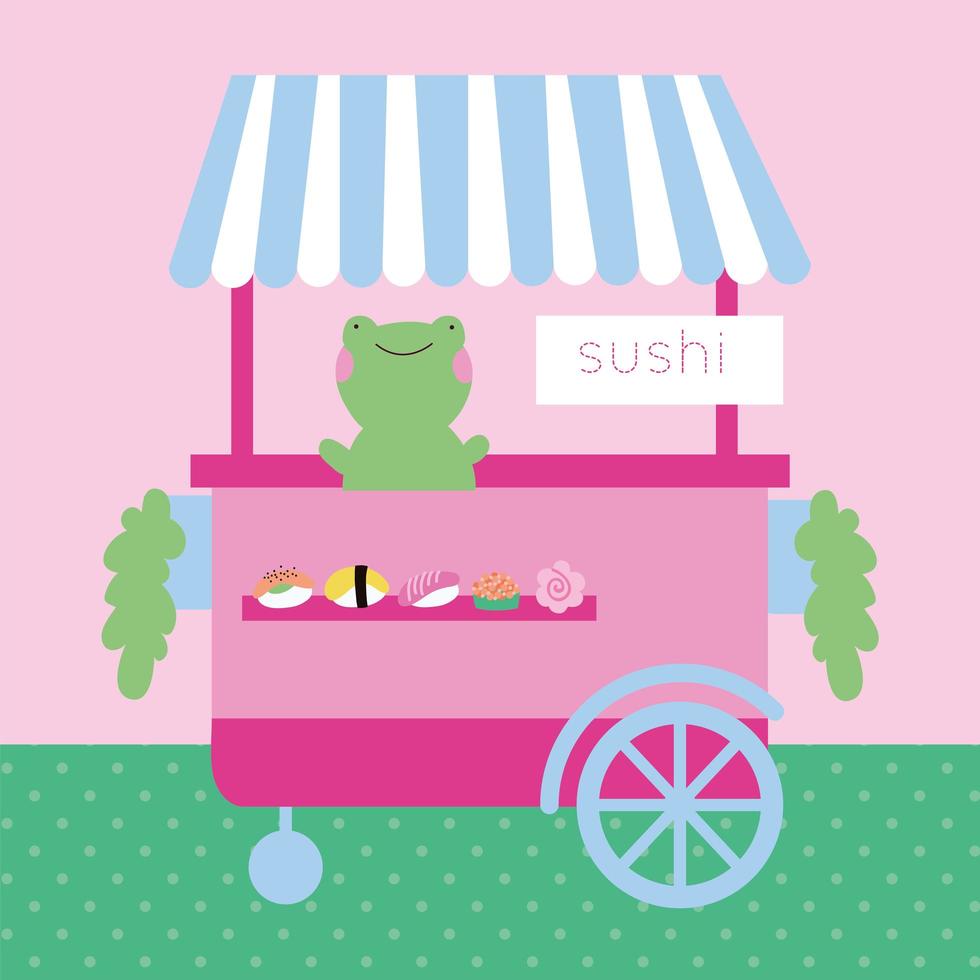 design kawaii fofo com carrinho de sushi e sapo vetor