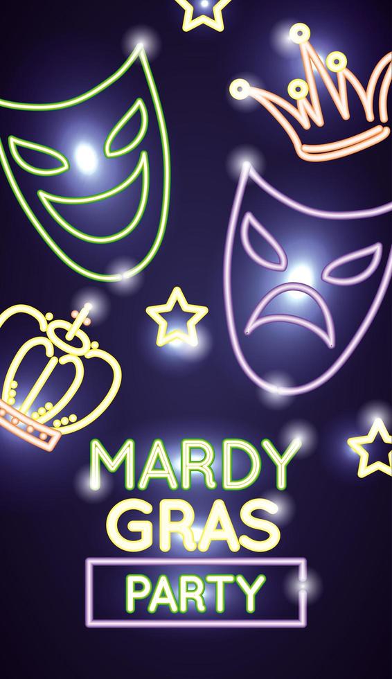 banner de celebração da grama mardi com luzes de néon e máscaras vetor