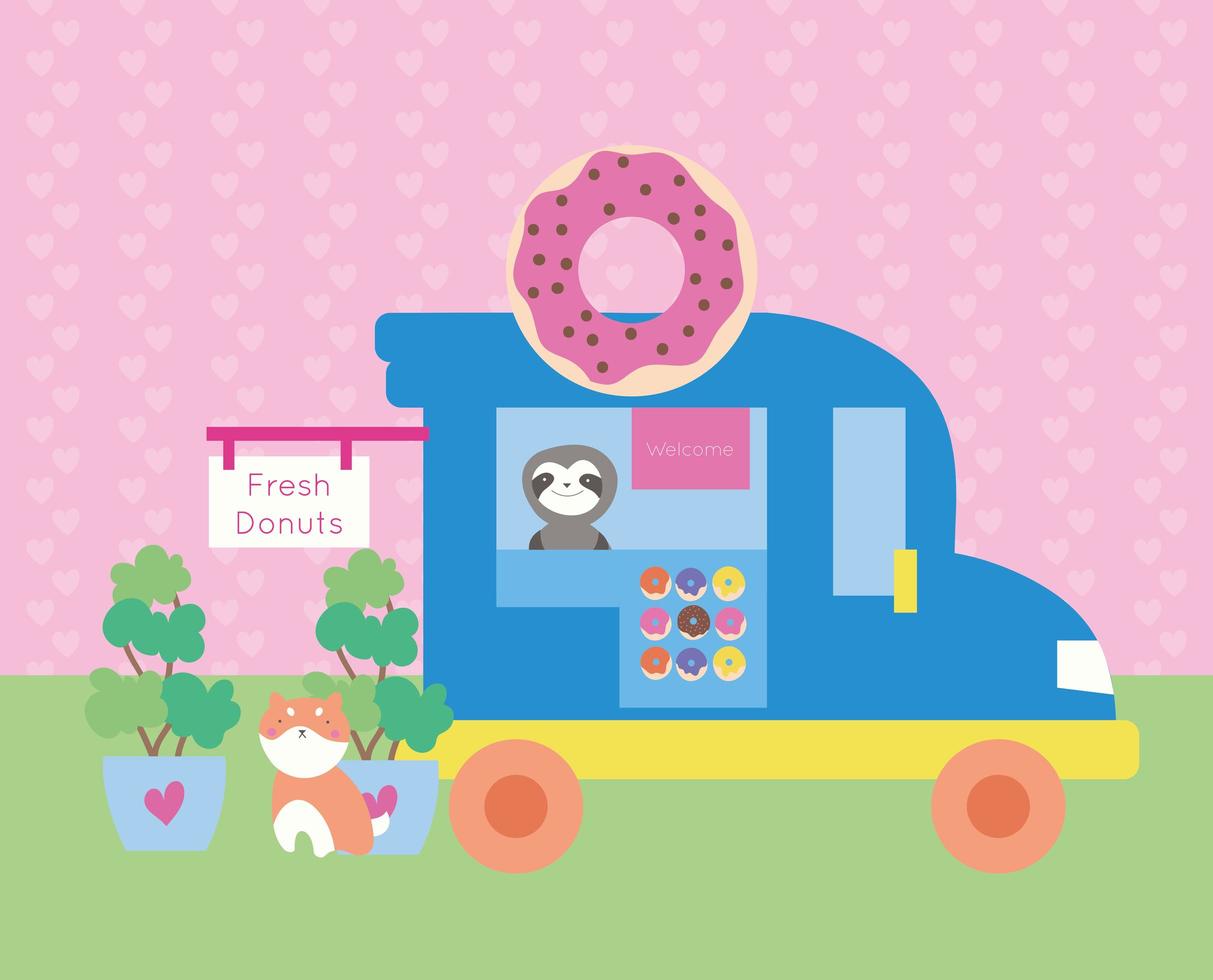 postal kawaii fofo com caminhão de donuts e animais vetor