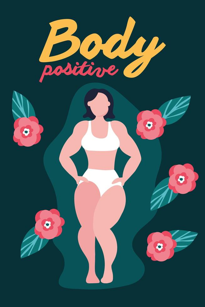 corpo letras positivas com mulher grande e flores vetor