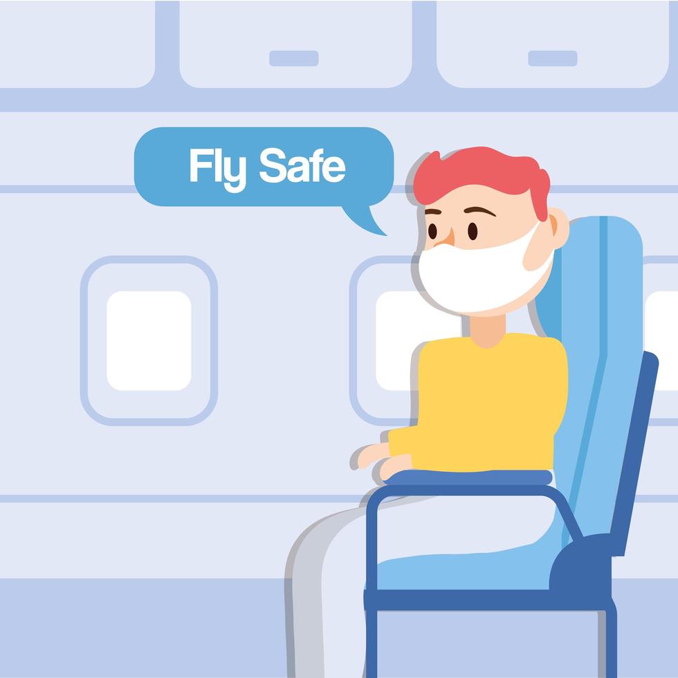 cartaz de letras da campanha voar seguro com passageiro falando no assento do avião vetor