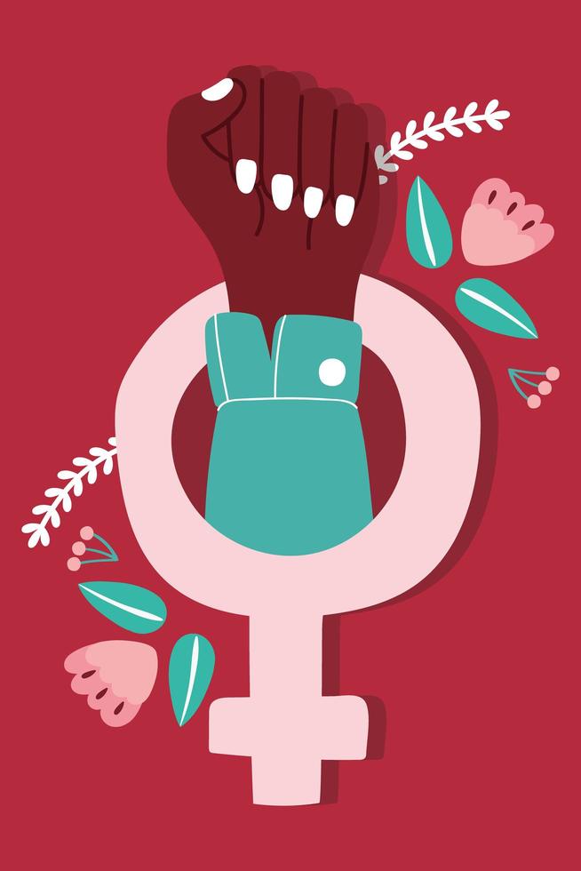 poster de poder feminino com mão afro em punho com símbolo de gênero feminino vetor