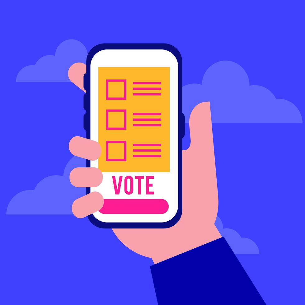 dia das eleições democracia com mão e cartão de eleitor em smartphone vetor