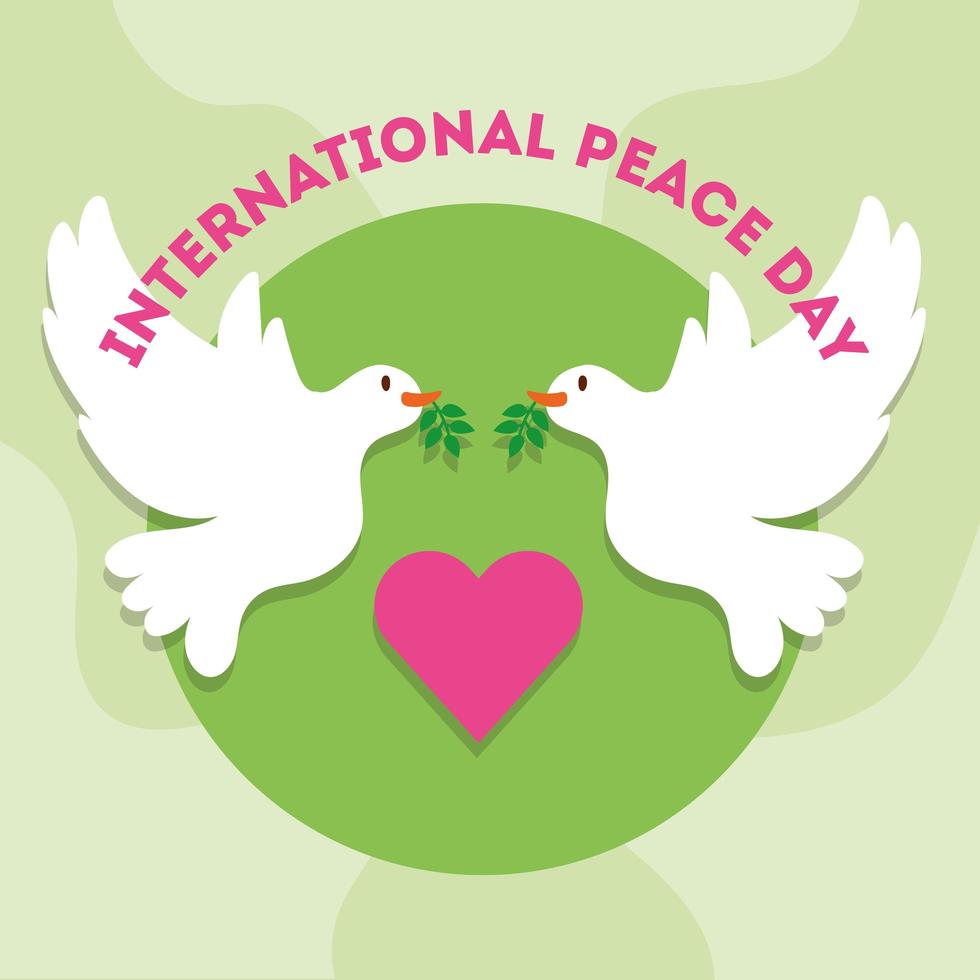 Dia internacional da paz letras com coração e pombas voando vetor