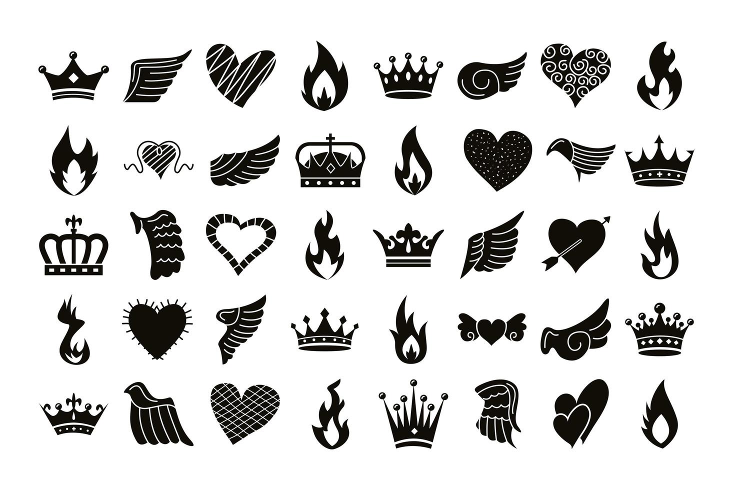 feixe de ícones com asas, chamas, corações e coroas vetor