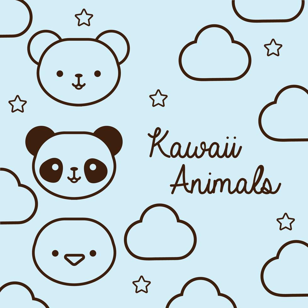 pacote de animais kawaii com linhas de nuvens e estrelas vetor