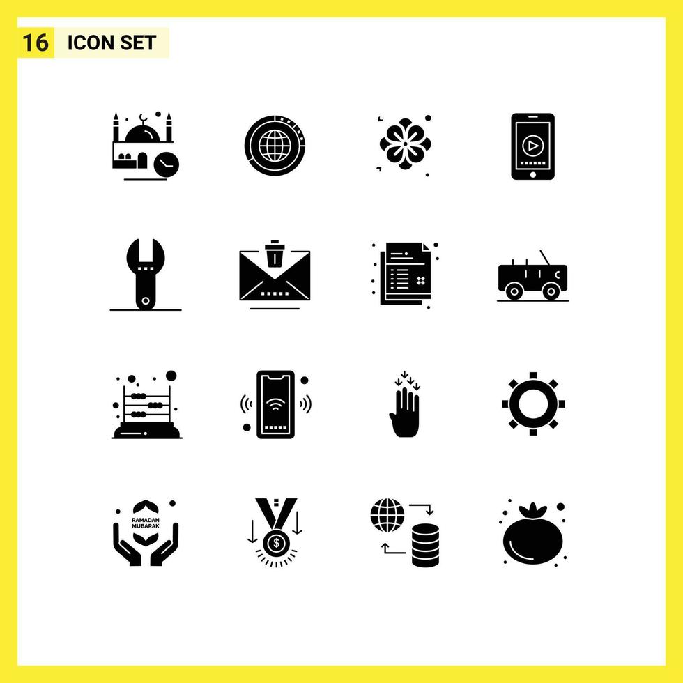 16 sinais de glifos sólidos universais símbolos de elementos de design de vetores editáveis de globo de telefone de jogo flor de verão