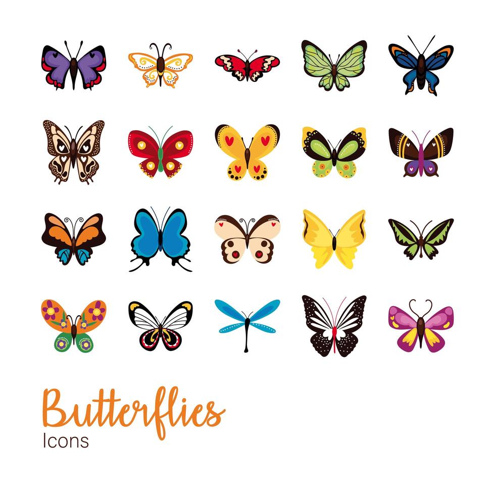 conjunto de ícones lisos de borboletas fofas vetor