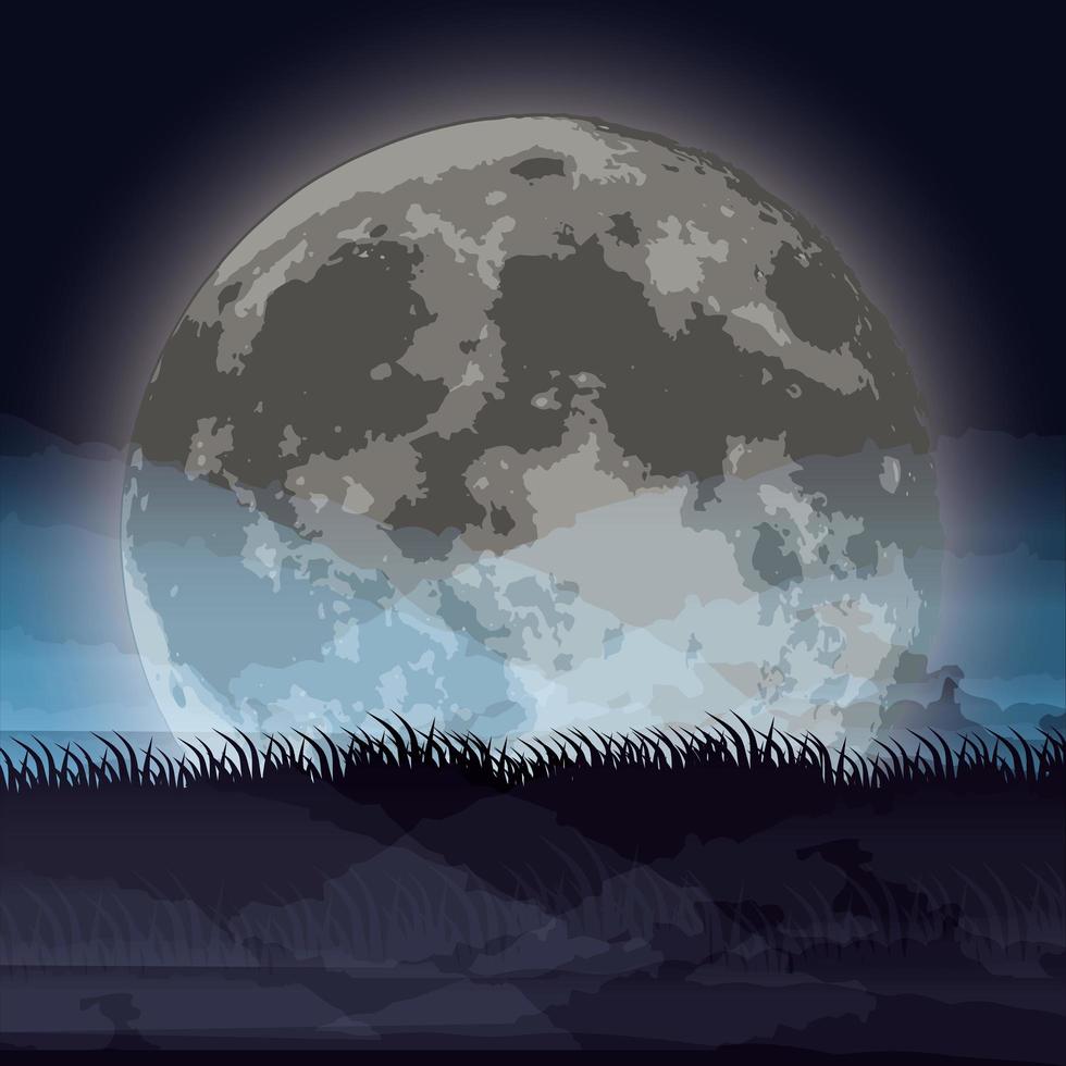 cena de noite escura de halloween com lua cheia vetor