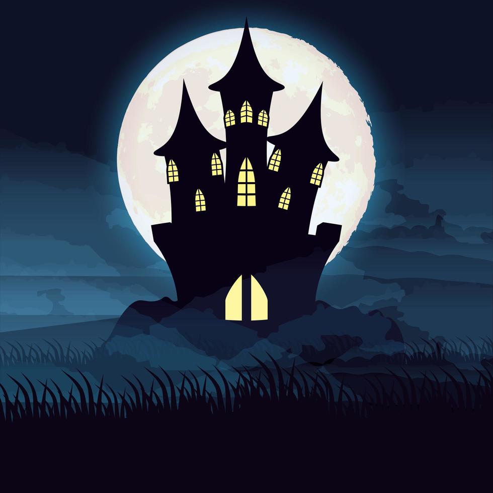 cena da noite escura de halloween com castelo assombrado vetor