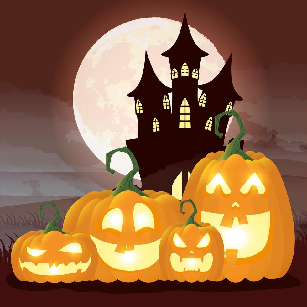 noite escura de halloween com abóboras e castelo vetor