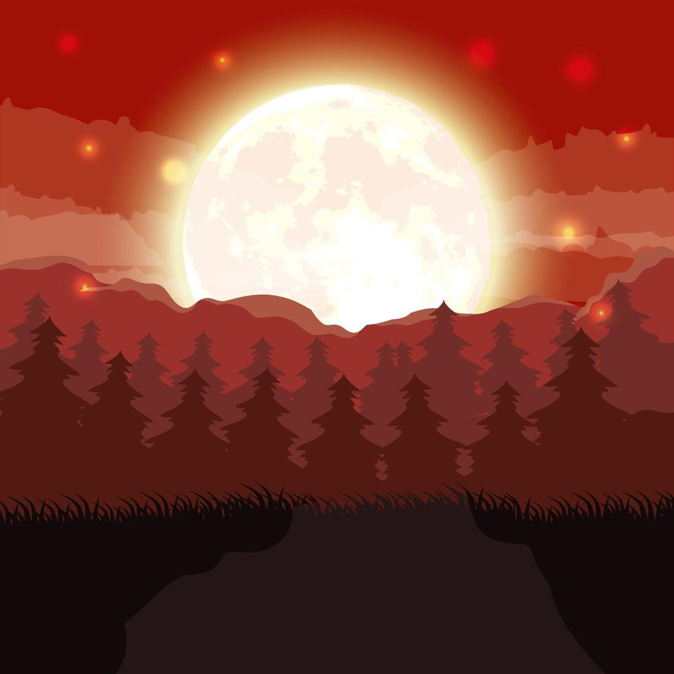 cena da floresta escura de halloween com lua cheia vetor