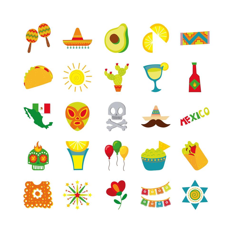 conjunto de ícones planos de cultura mexicana vetor