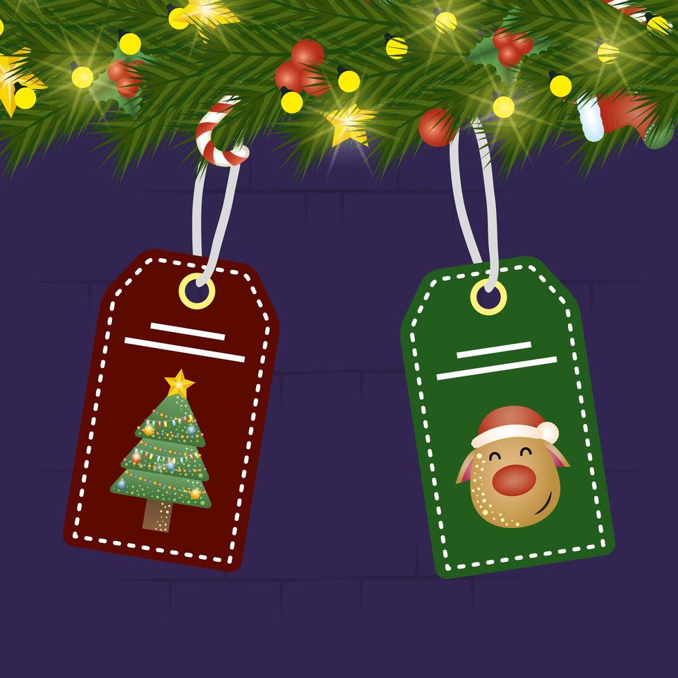 cartão de feliz natal com coroa e etiquetas penduradas vetor