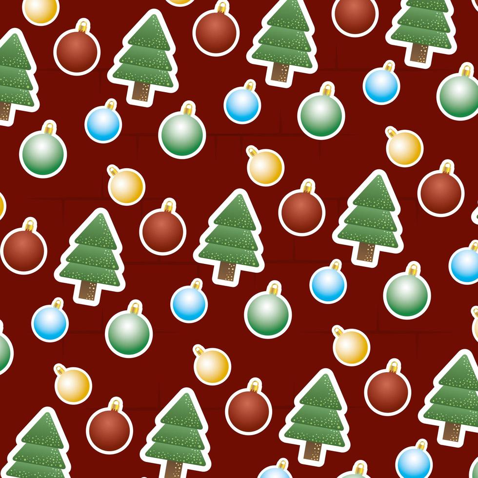 cartão de feliz natal com padrão de árvores e bolas vetor
