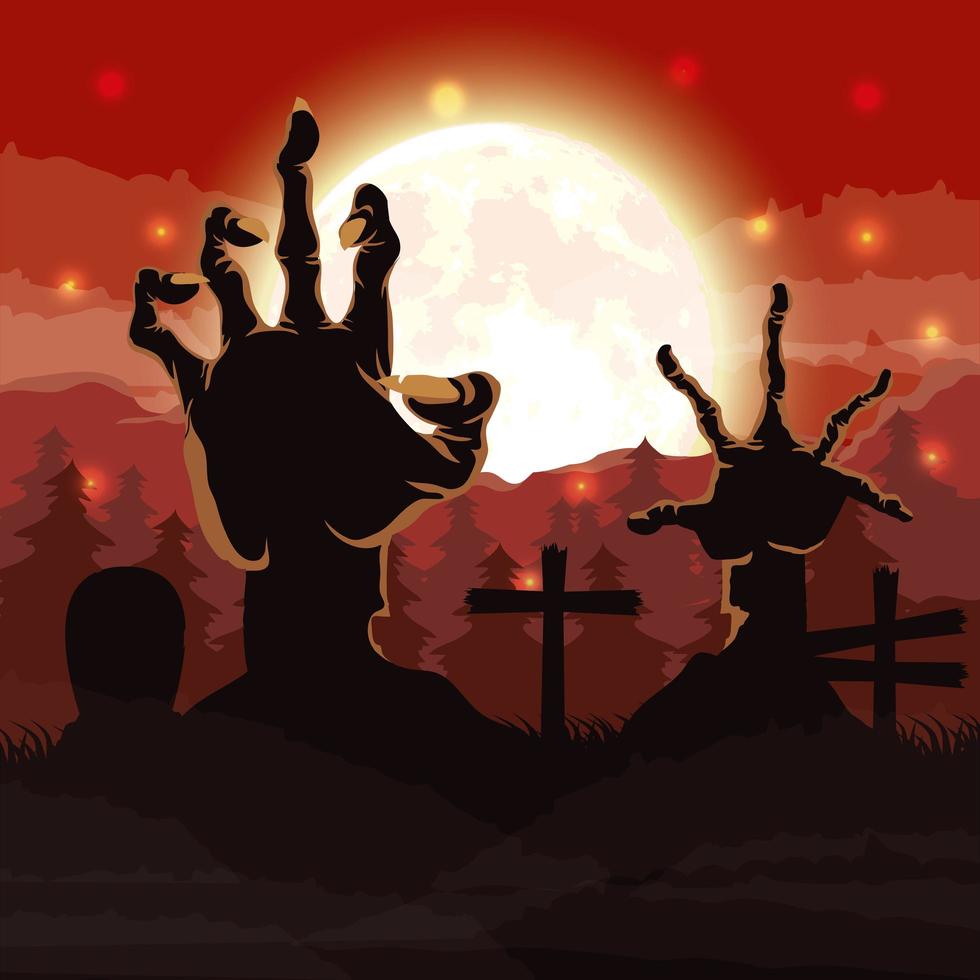 cena escura de halloween com mãos de zumbis no cemitério vetor