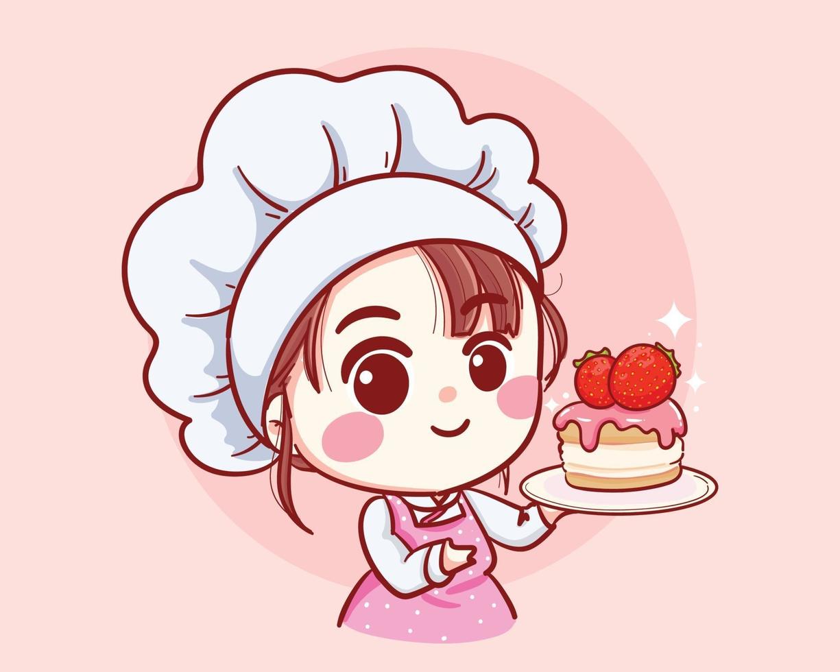 Garota fofa chef de padaria segurando um bolo sorrindo ilustração da arte dos desenhos animados vetor