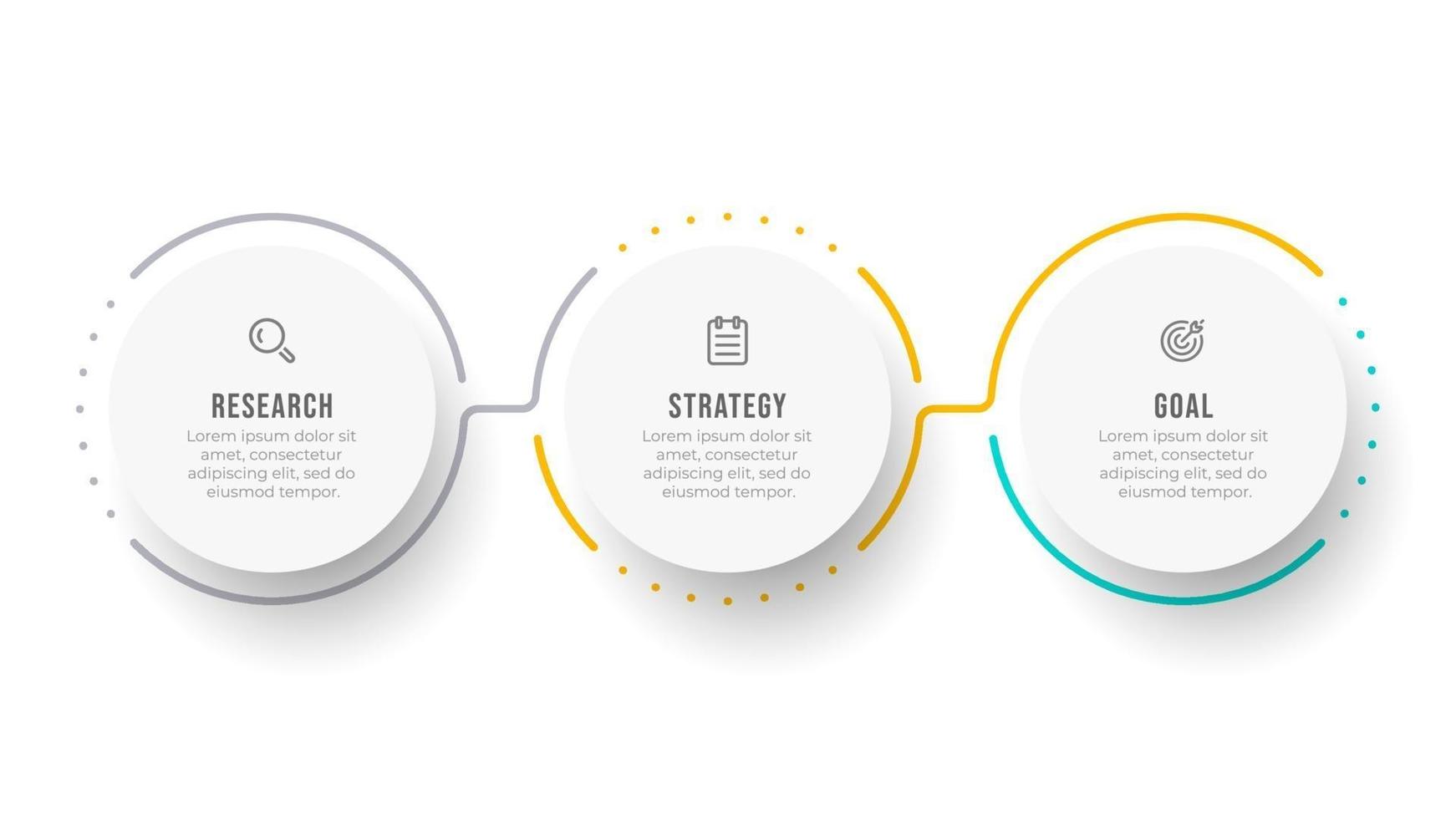 modelo de infográfico de cronograma. conceito de negócio com círculo e 3 opções ou etapas. pode ser usado para diagrama de fluxo de trabalho, gráfico de informações, relatório anual ou web design. vetor