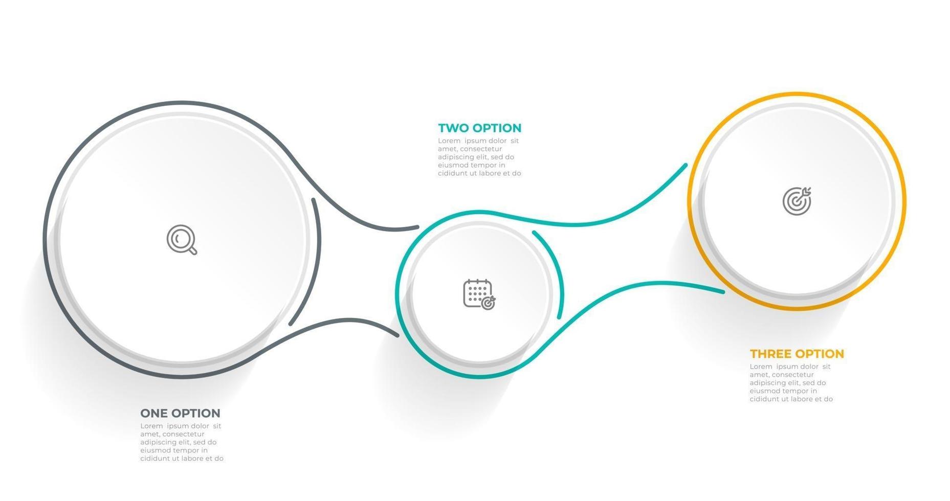 modelo de design moderno infográfico com círculos e ícones. ilustração vetorial. linha do tempo com 3 opções ou etapas. vetor