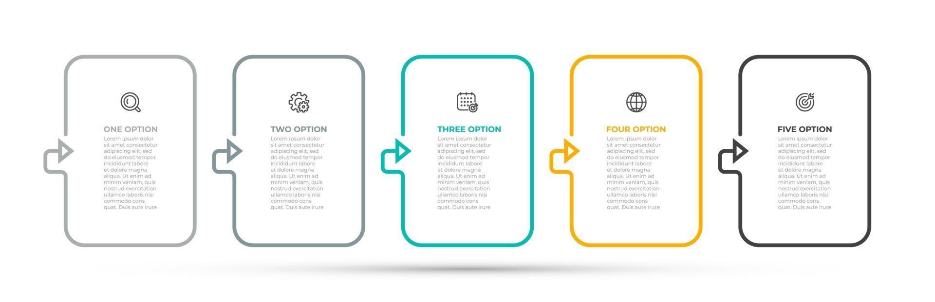 etiqueta do projeto do vetor infográfico linha fina seta com ícones de marketing. conceito de negócio com 5 opções, etapas, peças. pode ser usado para diagrama de fluxo de trabalho, relatório anual, apresentação.